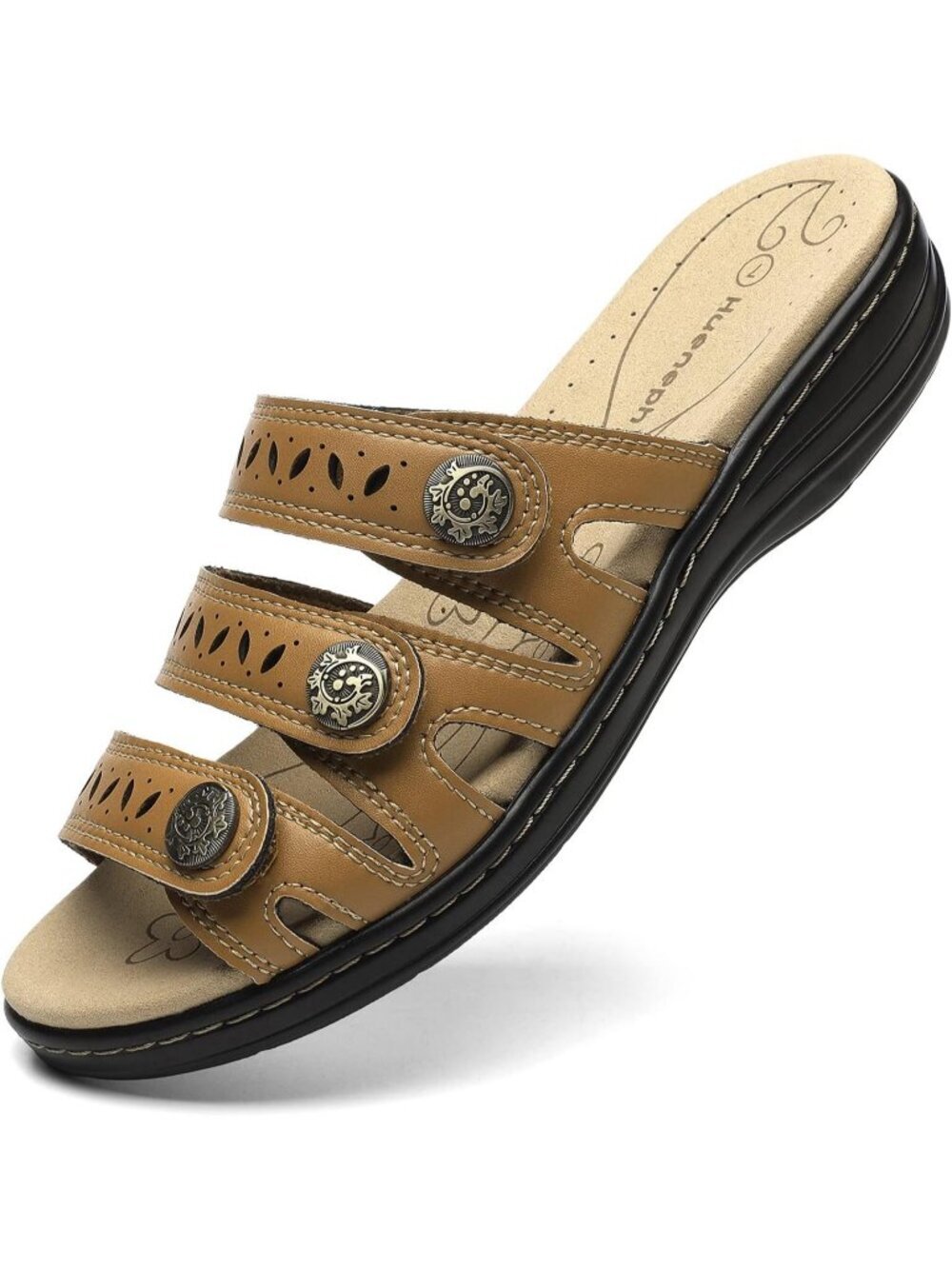 Women's Comfort Leather Slides Flat Brown Slip On Casual Walking Slippers